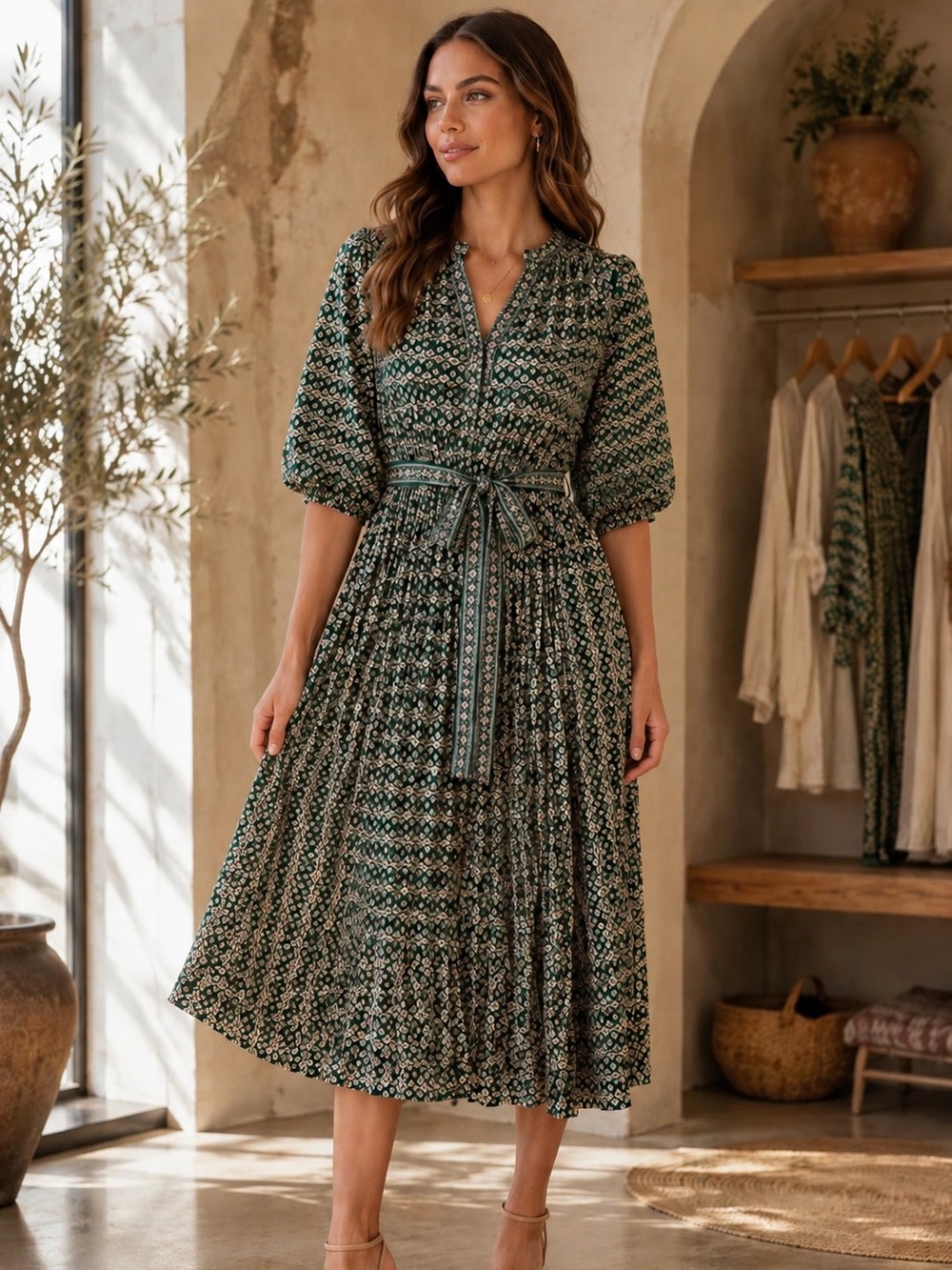✨ NWT Max Studio Boho Pleated Midi Dress | Tie Waist | Puff Sleeves | Size L ✨